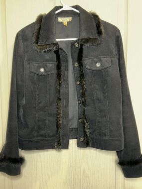 Y2K Black Corduroy Jacket with Fur Trim sz 10 whimsigoth goth dark academia